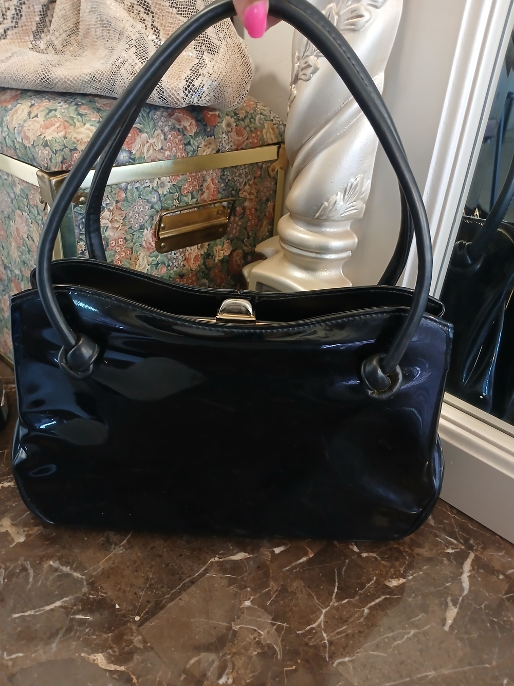 Vintage Black Patent Leather Women's Handbag